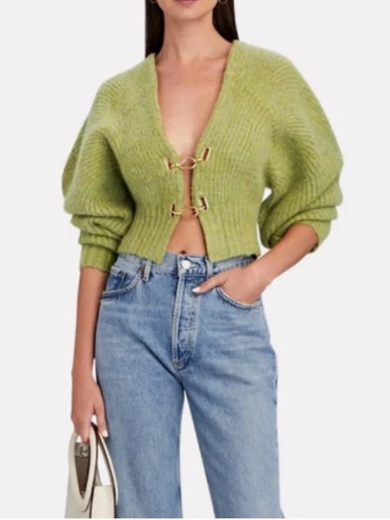 Cult Gaia Olive Green Hook-Front Ribbed Cardigan - Picture 3 of 10